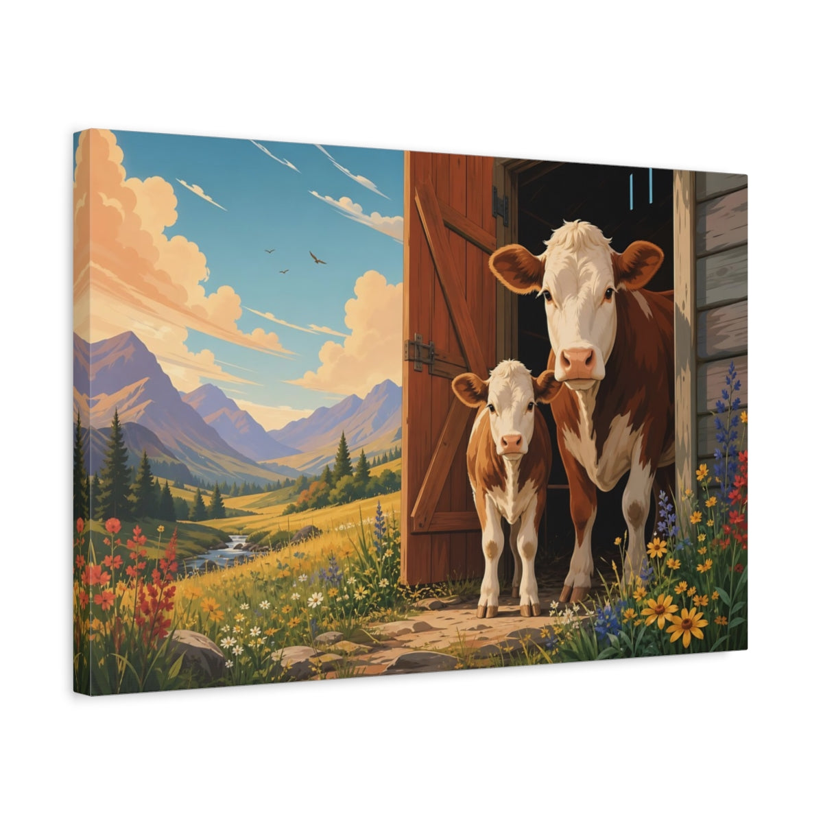 Side Mockup 3. Animals Cows Cows In Mountains shown as stretched canvas wall art