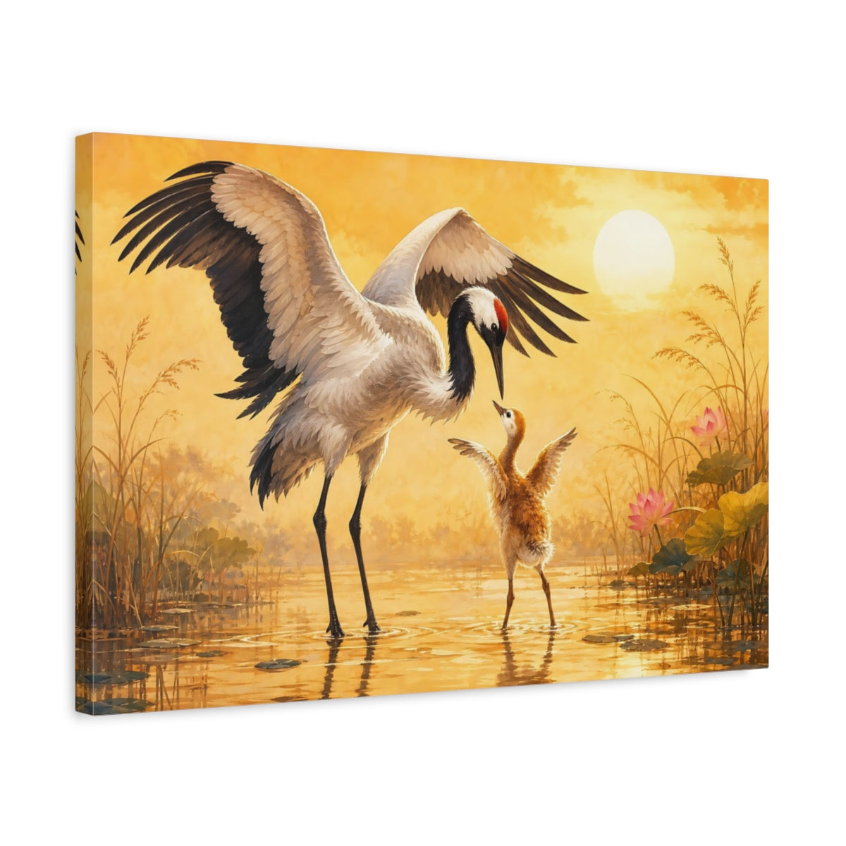 Side Mockup 3. Animals Cranes Golden Cranes shown as stretched canvas wall art