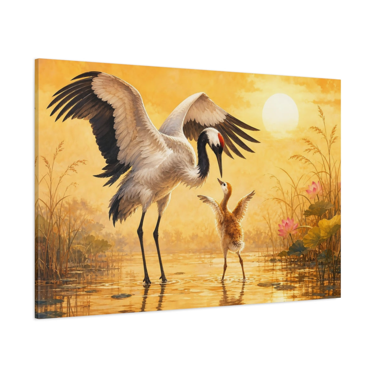 Side Mockup 1. Animals Cranes Golden Cranes shown as stretched canvas wall art