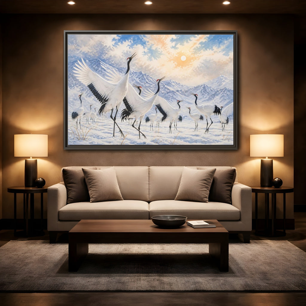 Mockup 2. Animals Cranes White Cranes Winter shown as stretched canvas wall art