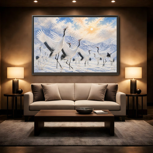 Mockup 2. Animals Cranes White Cranes Winter shown as stretched canvas wall art