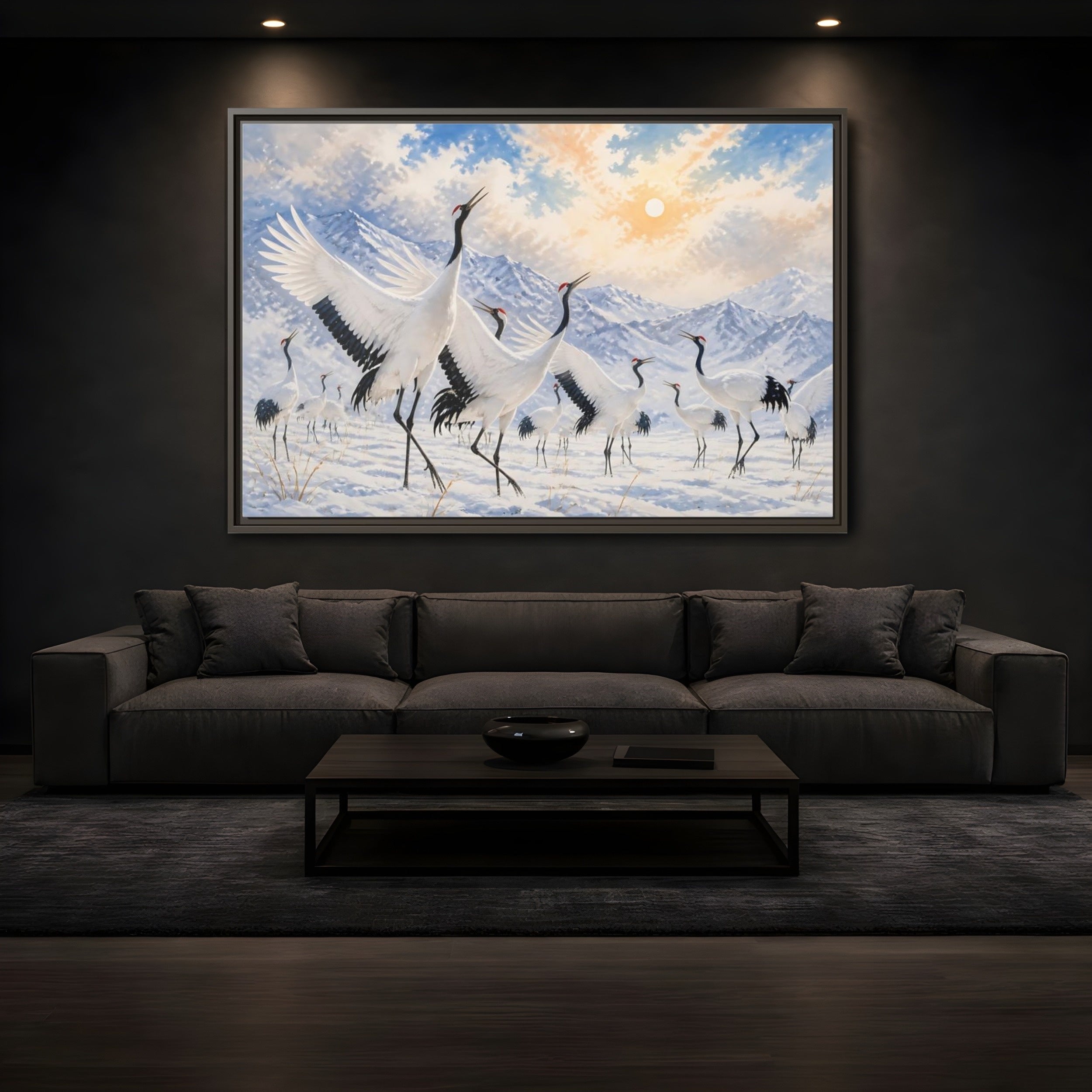 Mockup 3. Animals Cranes White Cranes Winter shown as stretched canvas wall art