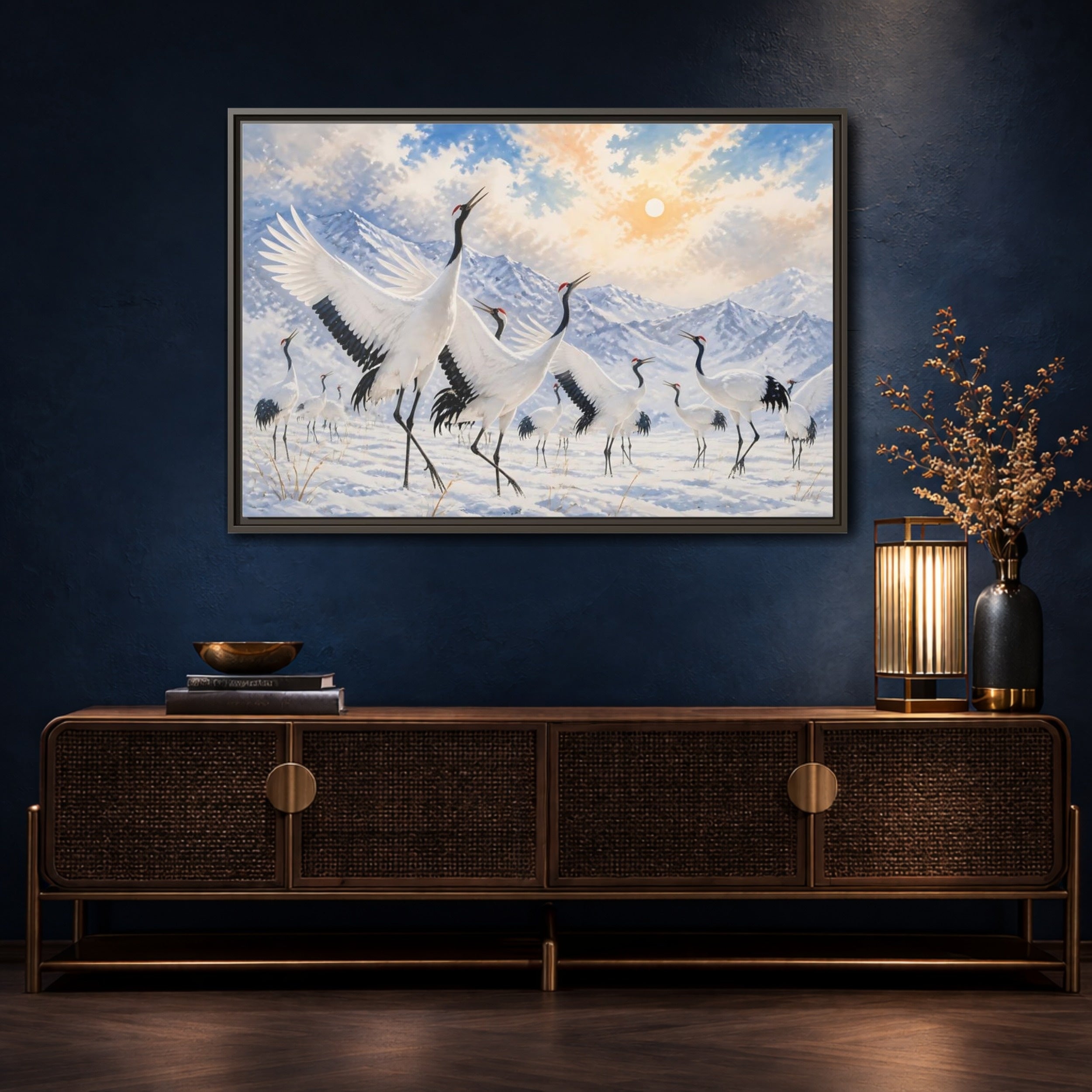 Mockup 4. Animals Cranes White Cranes Winter shown as stretched canvas wall art