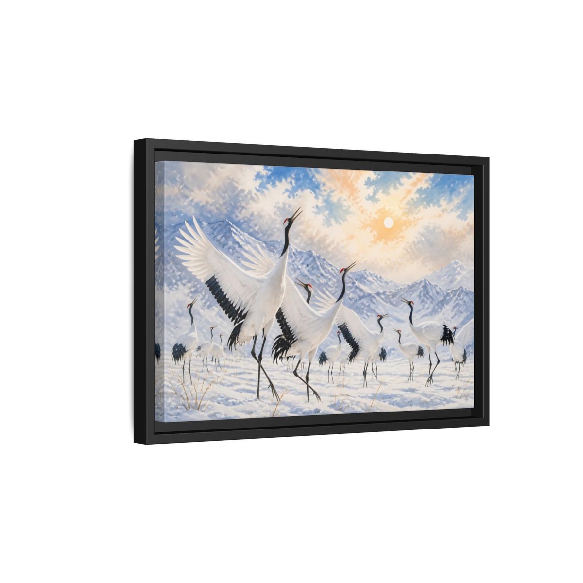 Side Mockup 6. Animals Cranes White Cranes Winter shown as stretched canvas wall art