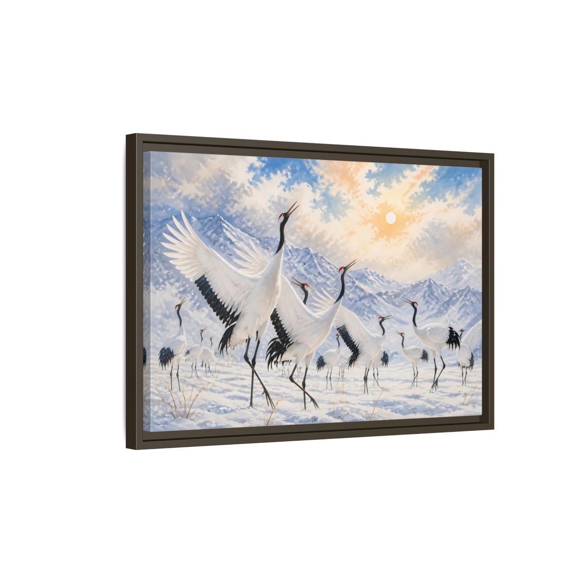 Side Mockup 2. Animals Cranes White Cranes Winter shown as stretched canvas wall art