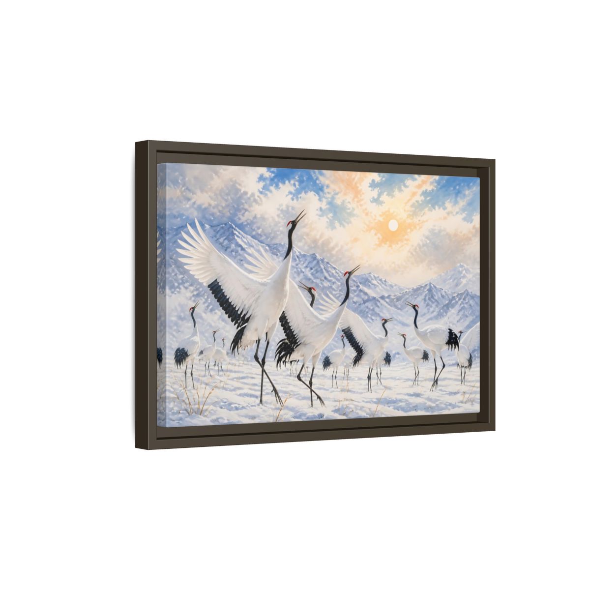Side Mockup 5. Animals Cranes White Cranes Winter shown as stretched canvas wall art