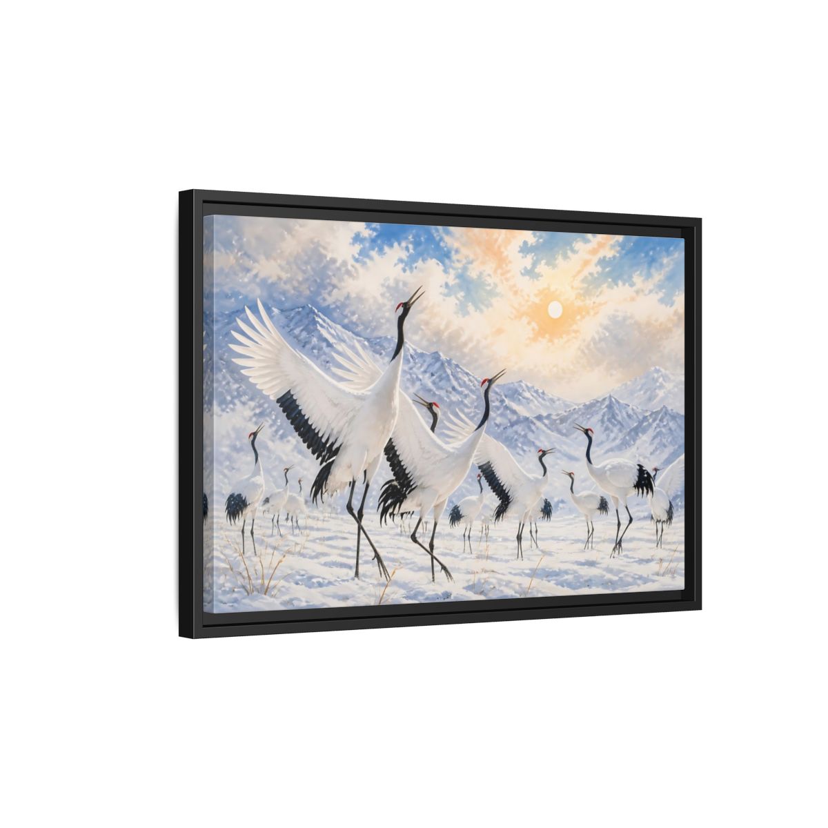 Side Mockup 3. Animals Cranes White Cranes Winter shown as stretched canvas wall art