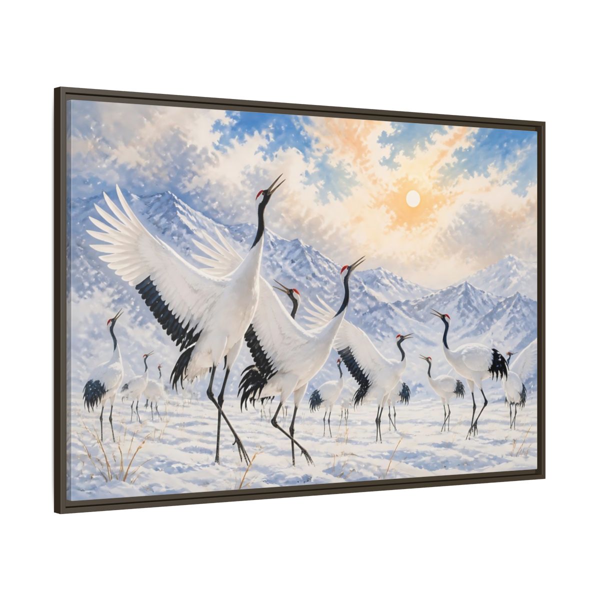 Side Mockup 8. Animals Cranes White Cranes Winter shown as stretched canvas wall art
