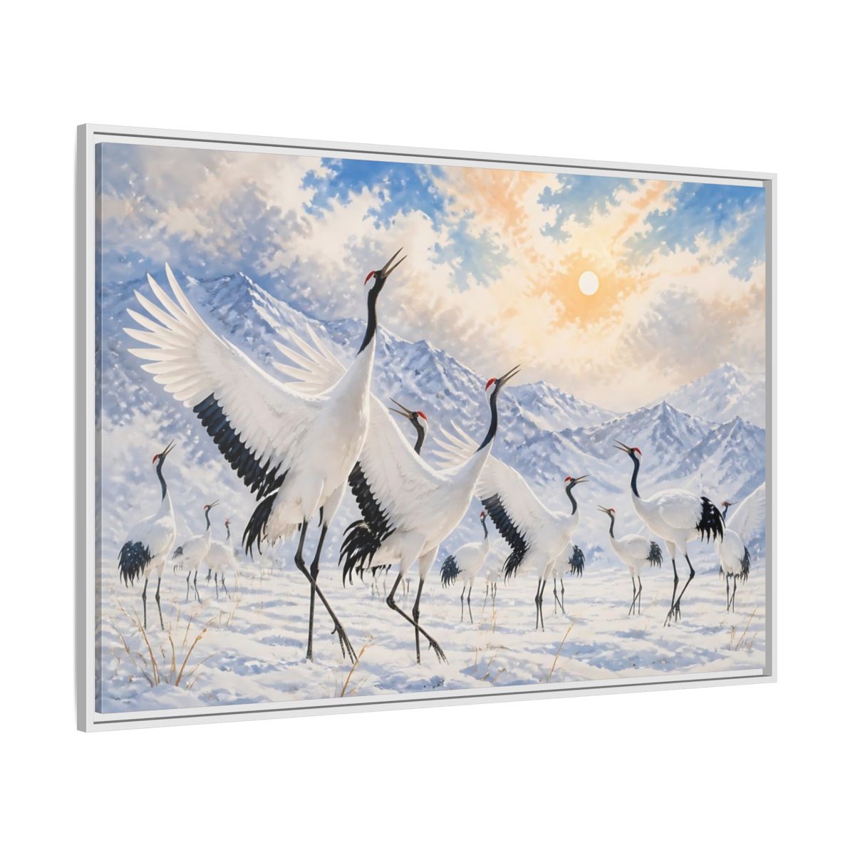 Side Mockup 7. Animals Cranes White Cranes Winter shown as stretched canvas wall art