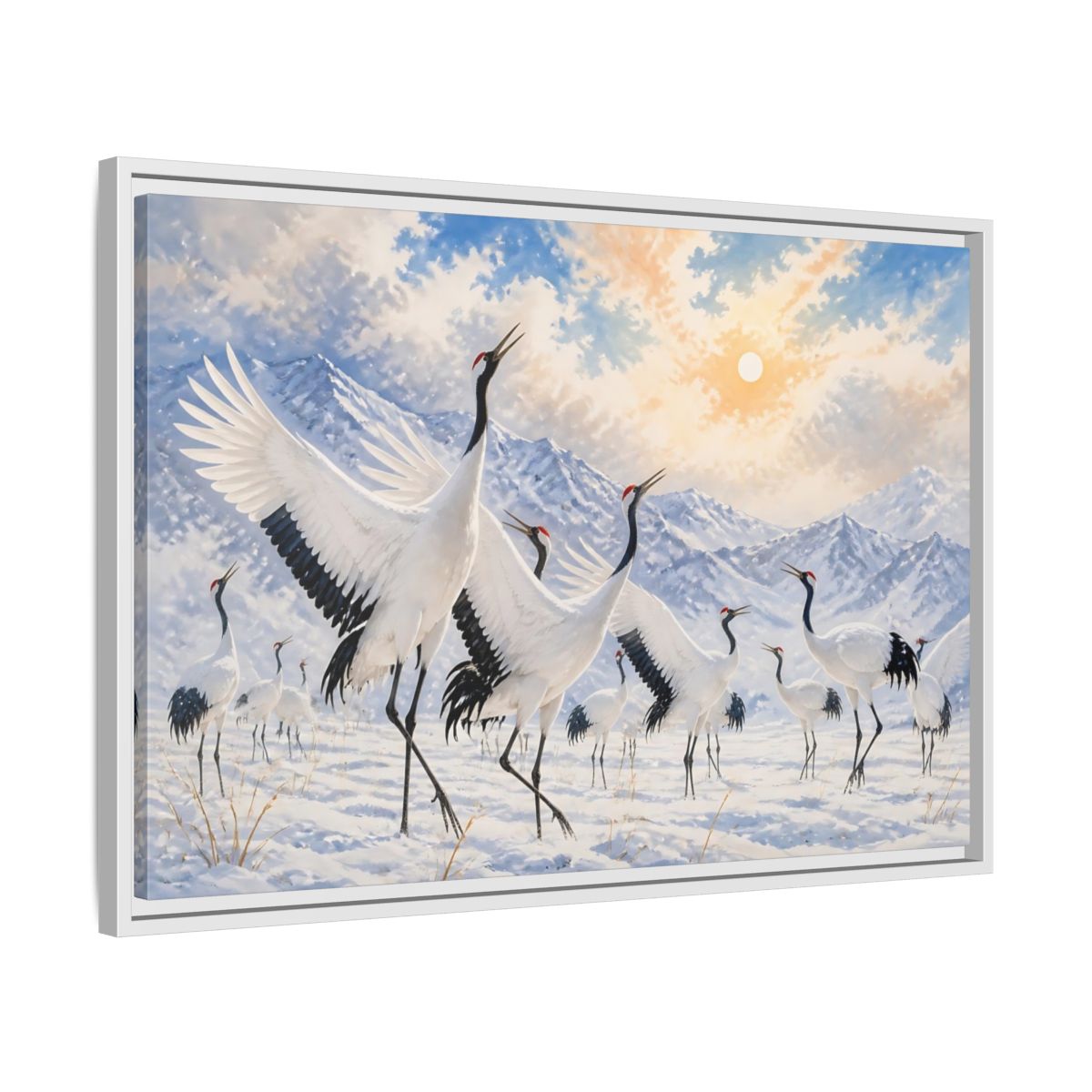 Side Mockup 10. Animals Cranes White Cranes Winter shown as stretched canvas wall art