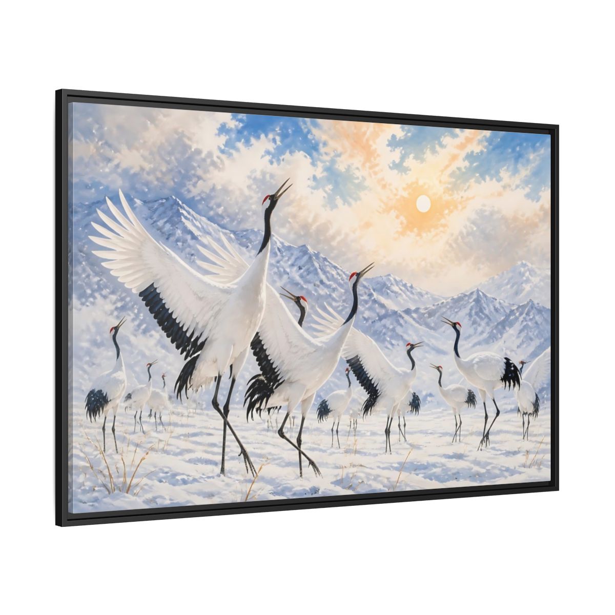 Side Mockup 12. Animals Cranes White Cranes Winter shown as stretched canvas wall art