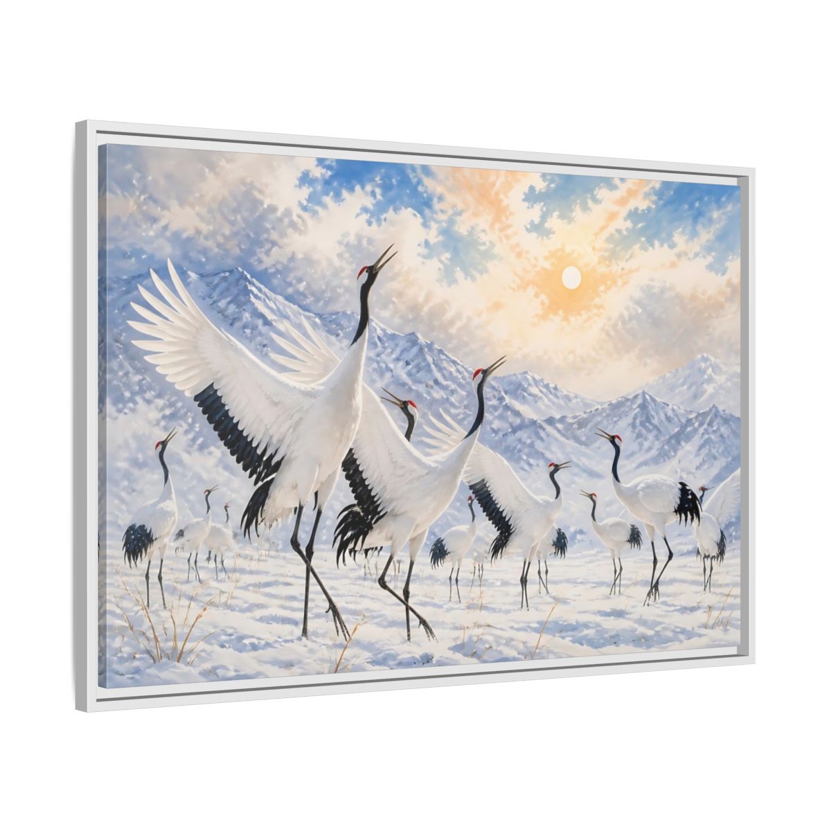Side Mockup 9. Animals Cranes White Cranes Winter shown as stretched canvas wall art