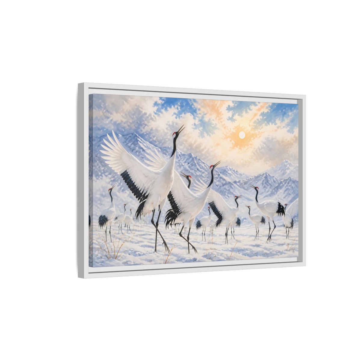 Side Mockup 1. Animals Cranes White Cranes Winter shown as stretched canvas wall art