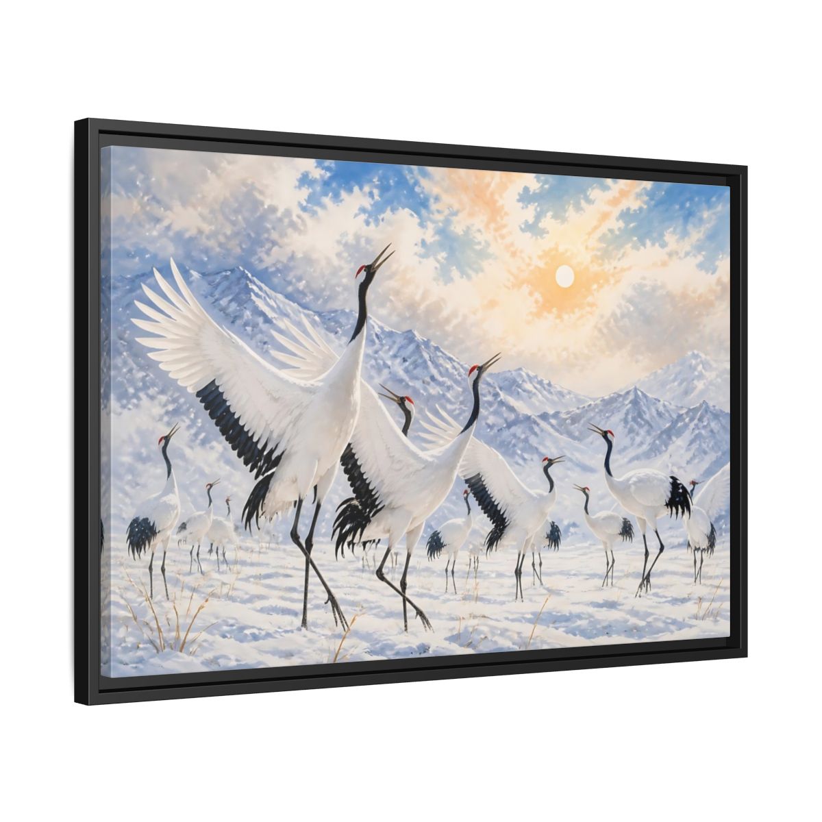 Side Mockup 14. Animals Cranes White Cranes Winter shown as stretched canvas wall art