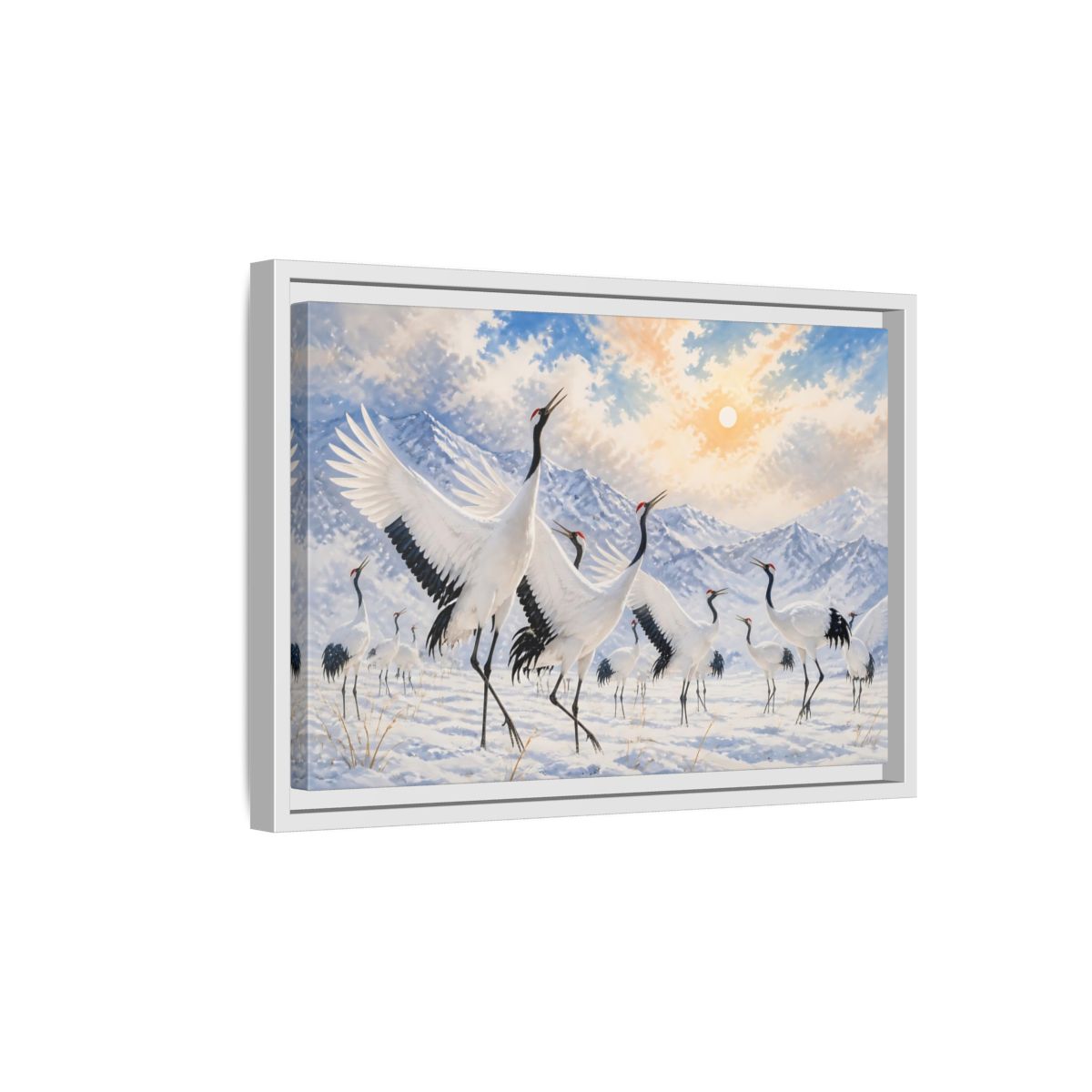 Side Mockup 4. Animals Cranes White Cranes Winter shown as stretched canvas wall art