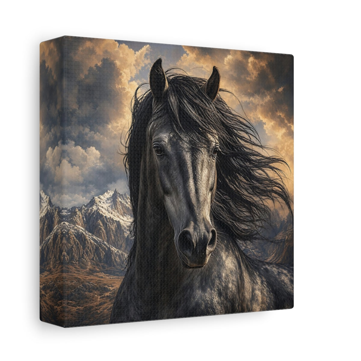 Side Mockup 2. Animals Dark Horse Dark Horse shown as stretched canvas wall art