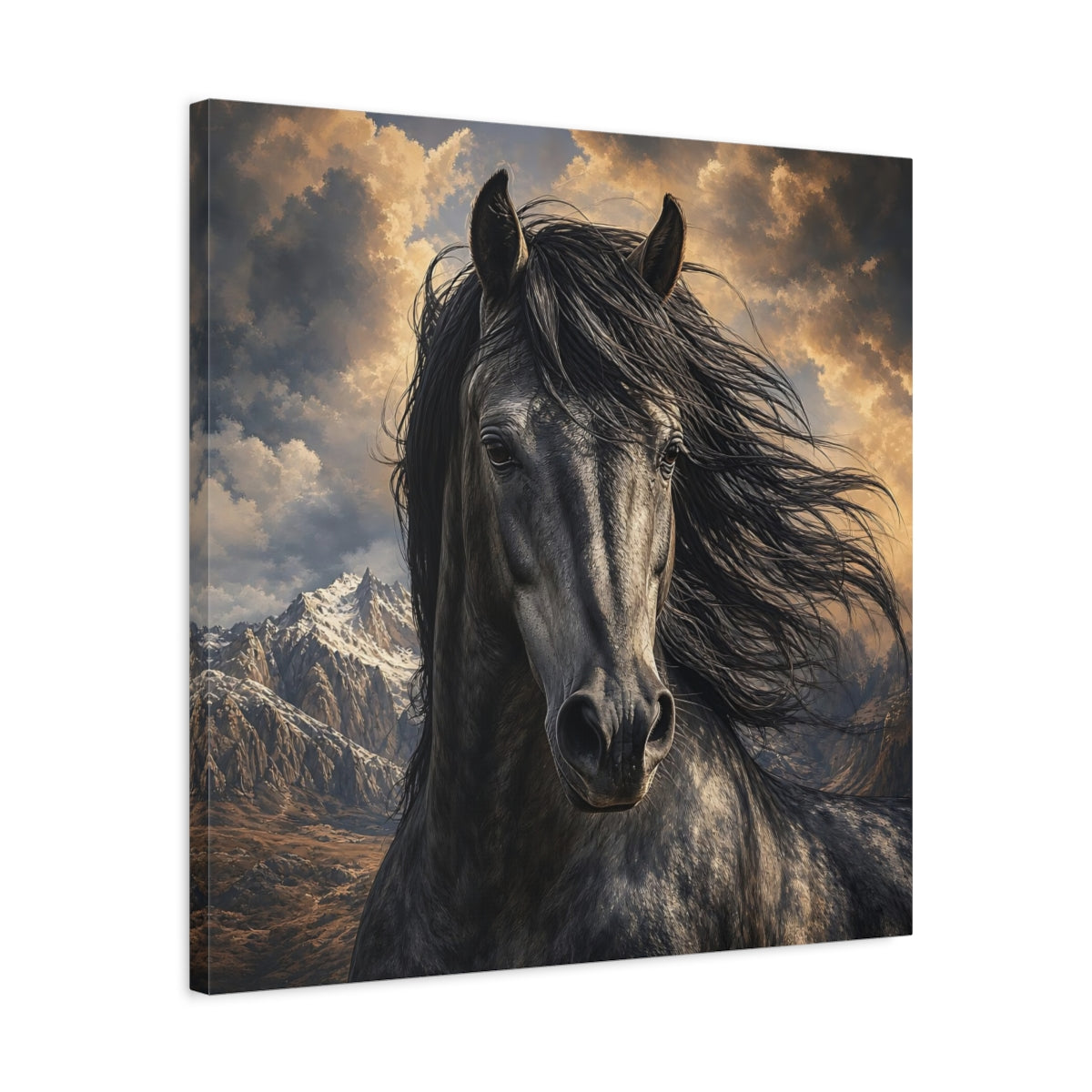 Side Mockup 4. Animals Dark Horse Dark Horse shown as stretched canvas wall art