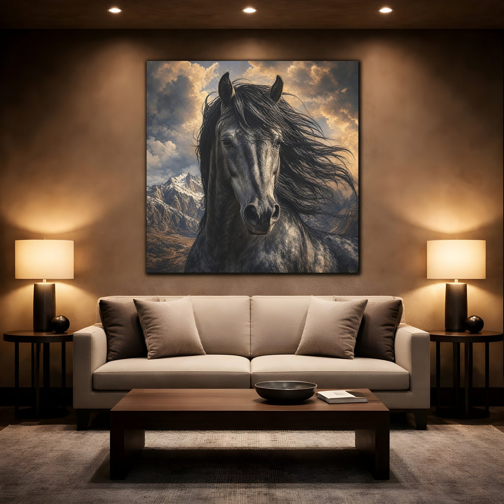 Mockup 2. Animals Dark Horse Dark Horse shown as stretched canvas wall art