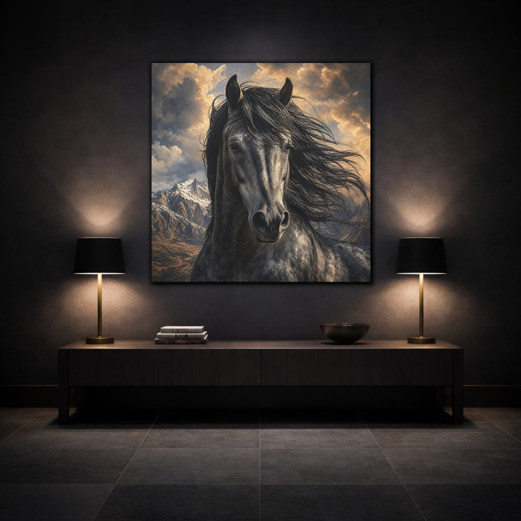 Mockup 3. Animals Dark Horse Dark Horse shown as stretched canvas wall art