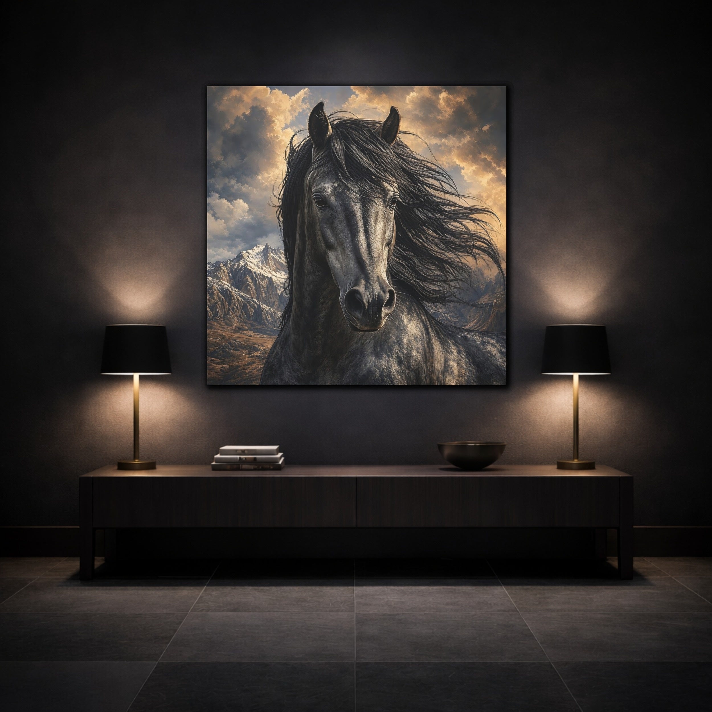 Mockup 3. Animals Dark Horse Dark Horse shown as stretched canvas wall art