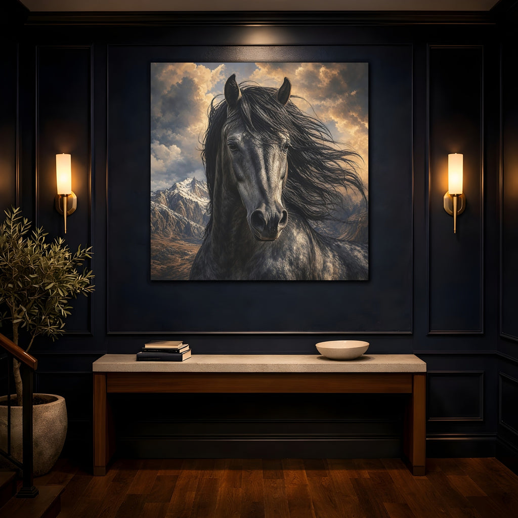 Mockup 4. Animals Dark Horse Dark Horse shown as stretched canvas wall art