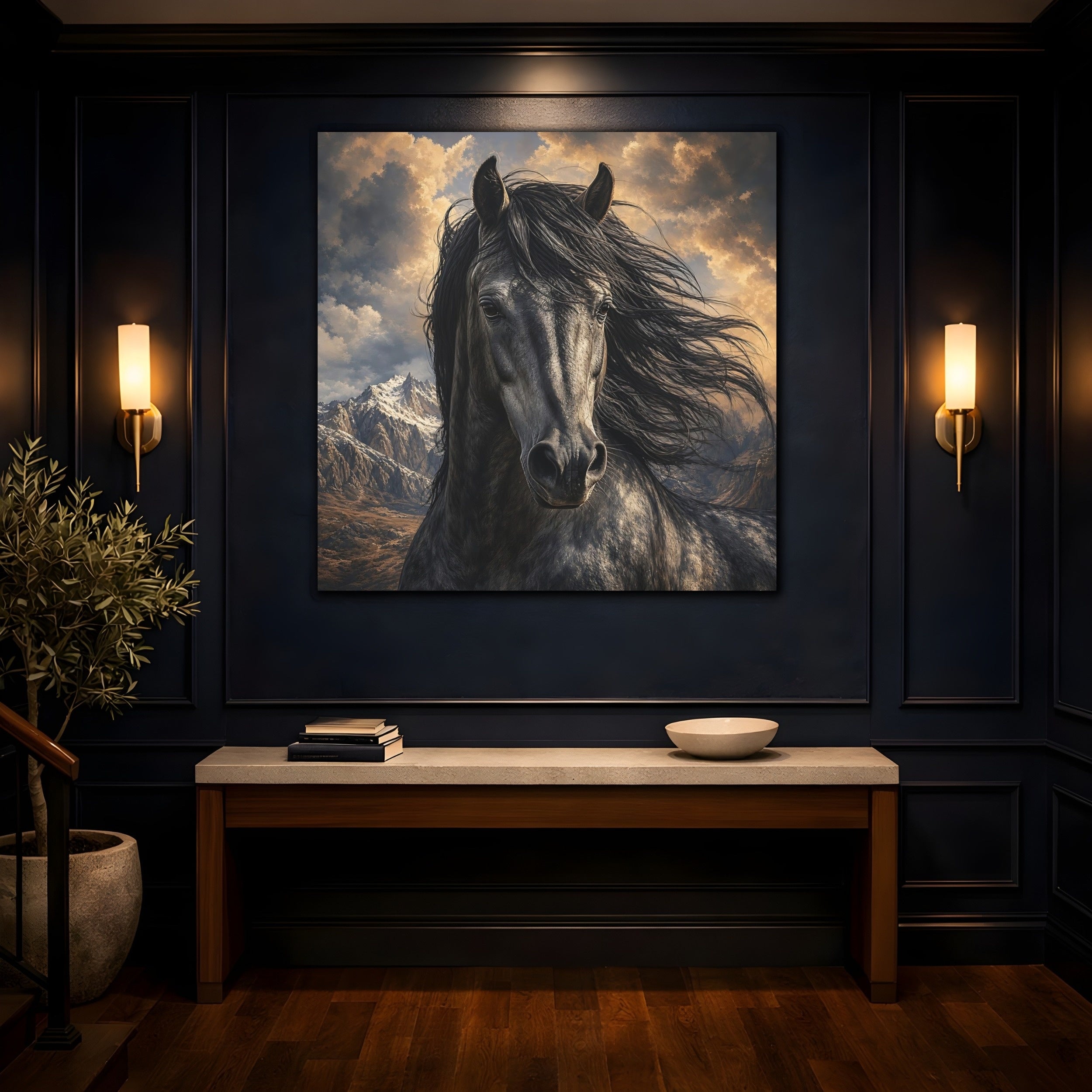 Mockup 4. Animals Dark Horse Dark Horse shown as stretched canvas wall art