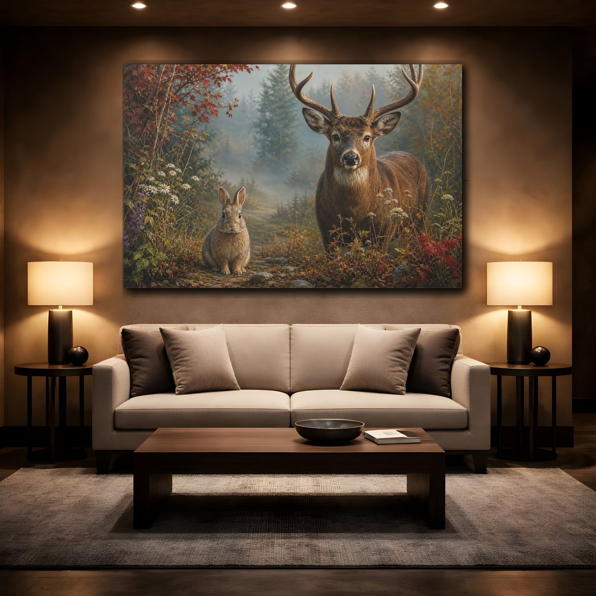 Mockup 2. Animals Deer And Rabbit Forest Animals shown as stretched canvas wall art