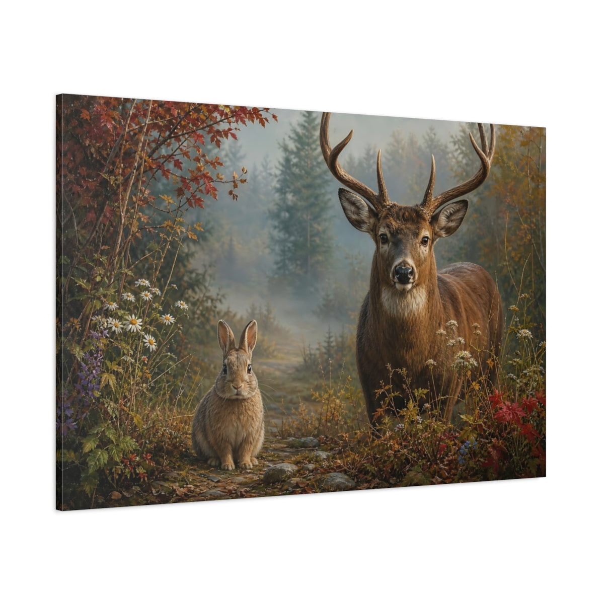 Side Mockup 1. Animals Deer And Rabbit Forest Animals shown as stretched canvas wall art