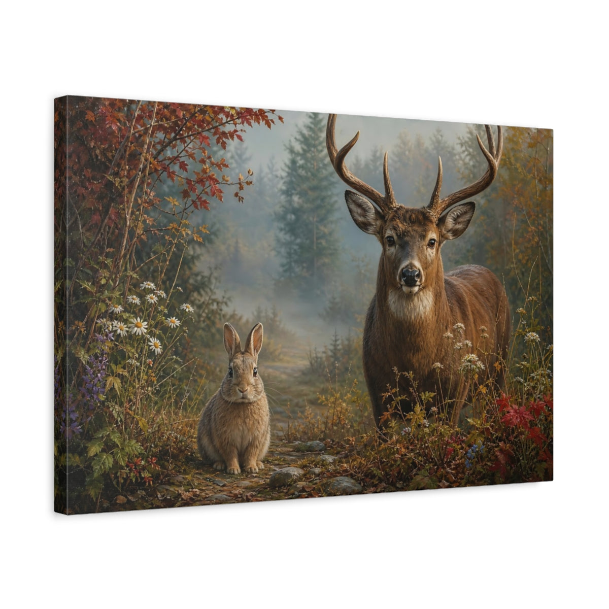 Side Mockup 3. Animals Deer And Rabbit Forest Animals shown as stretched canvas wall art