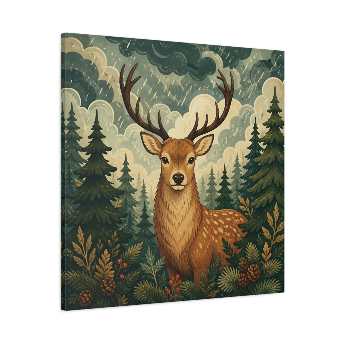 Main Mockup. Animals Deer Brown And Green shown as stretched canvas wall art