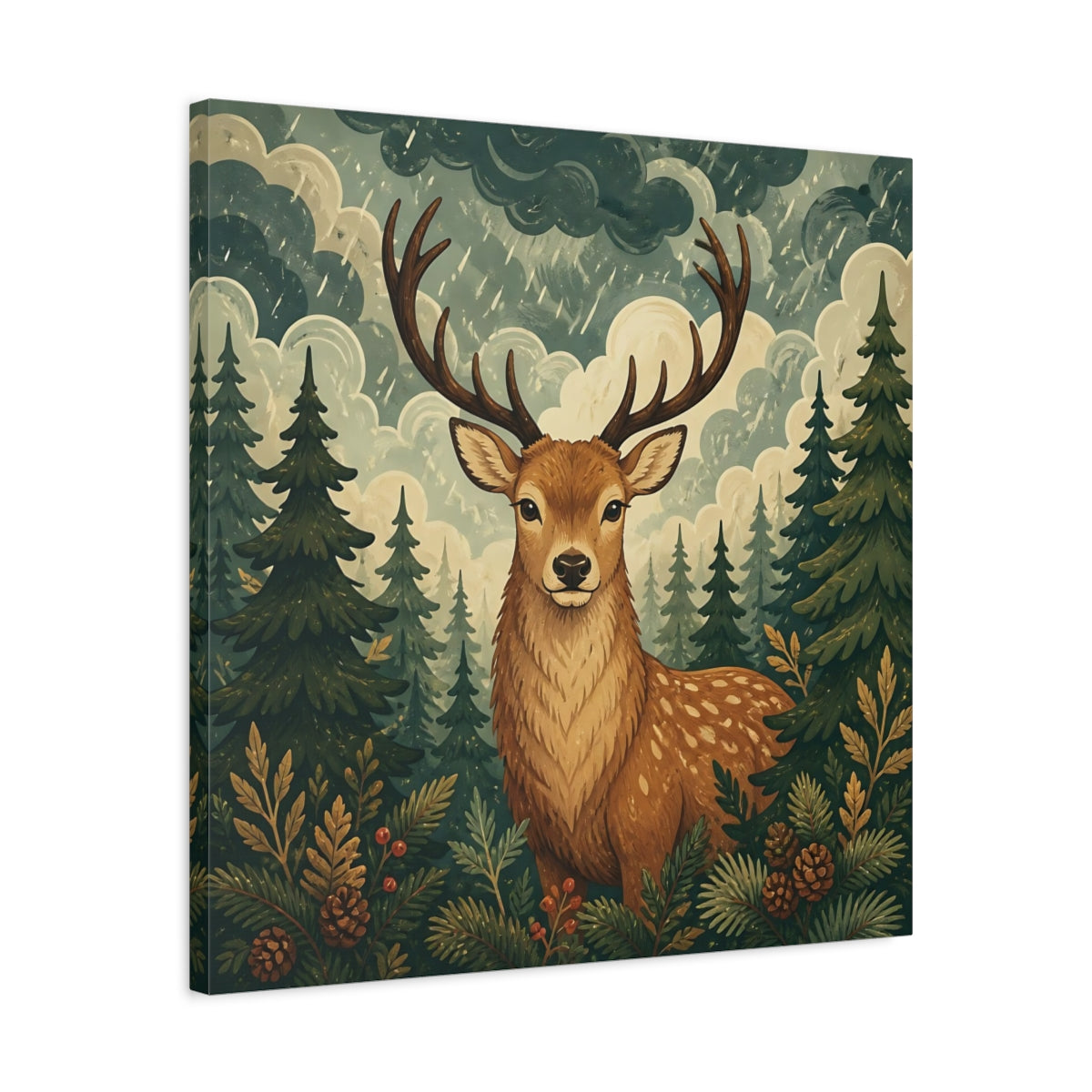 Side Mockup 4. Animals Deer Brown And Green shown as stretched canvas wall art