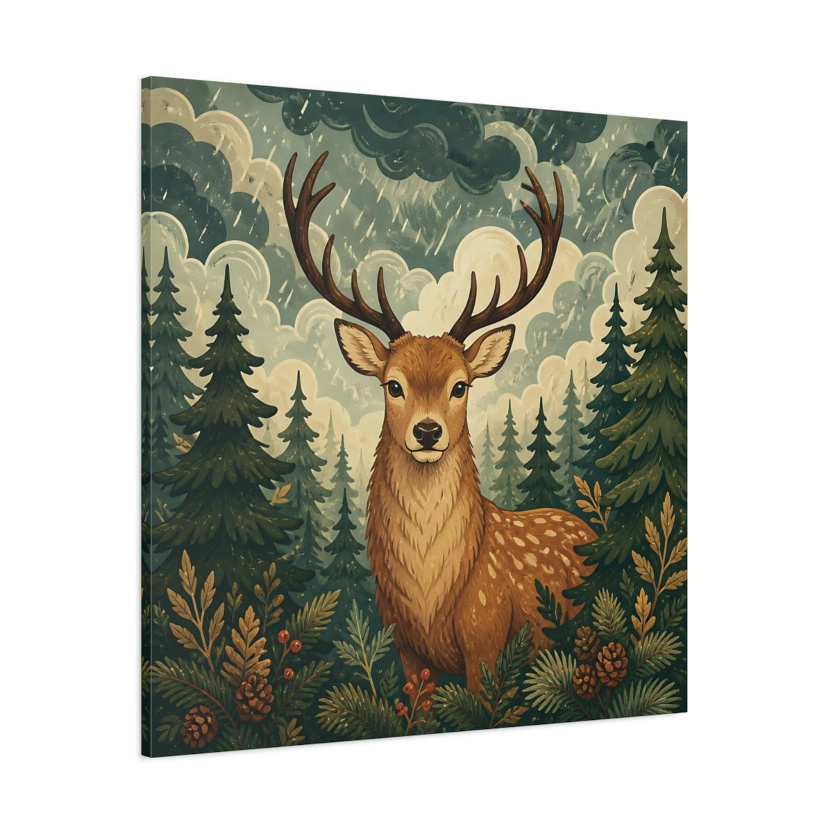 Side Mockup 1. Animals Deer Brown And Green shown as stretched canvas wall art