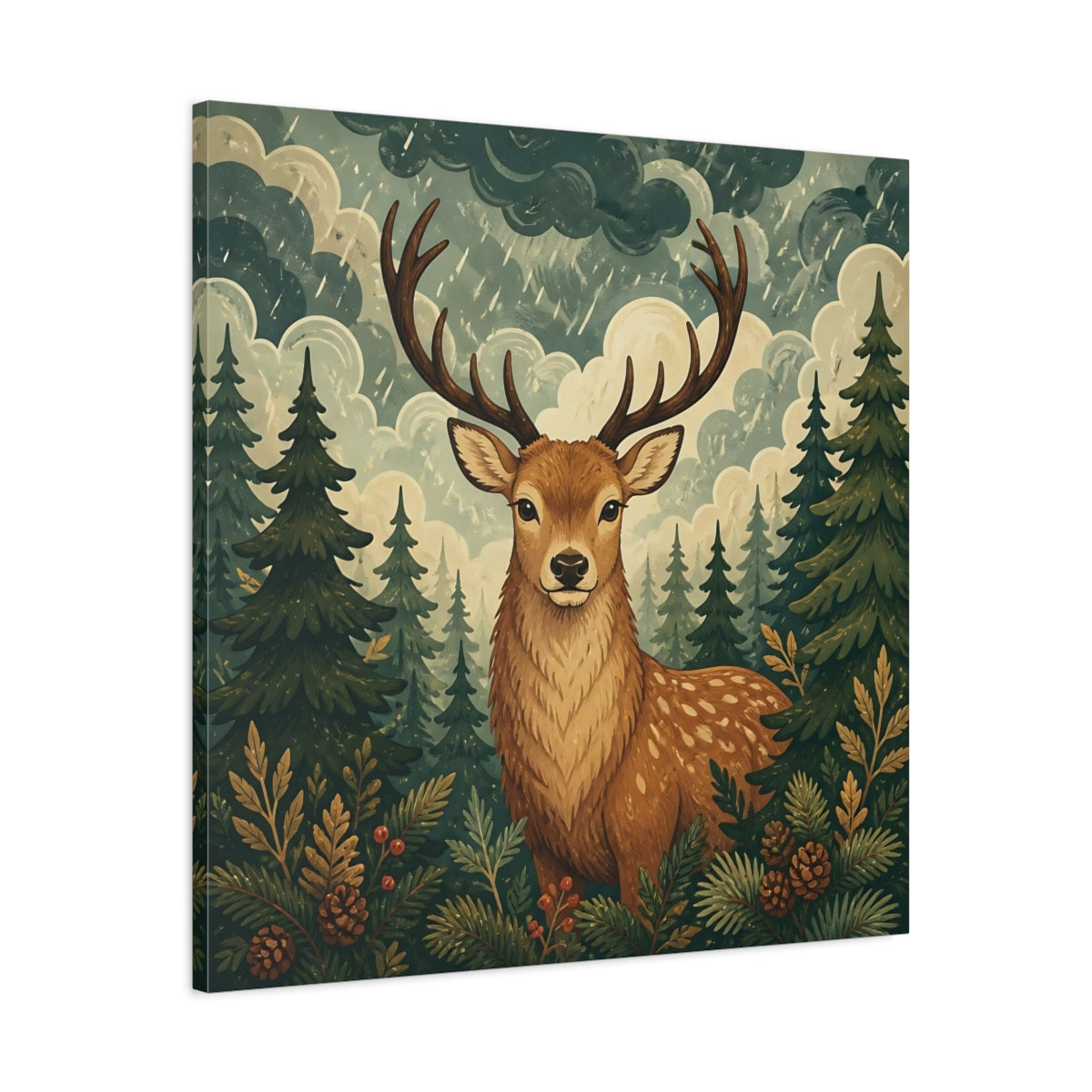 Side Mockup 3. Animals Deer Brown And Green shown as stretched canvas wall art