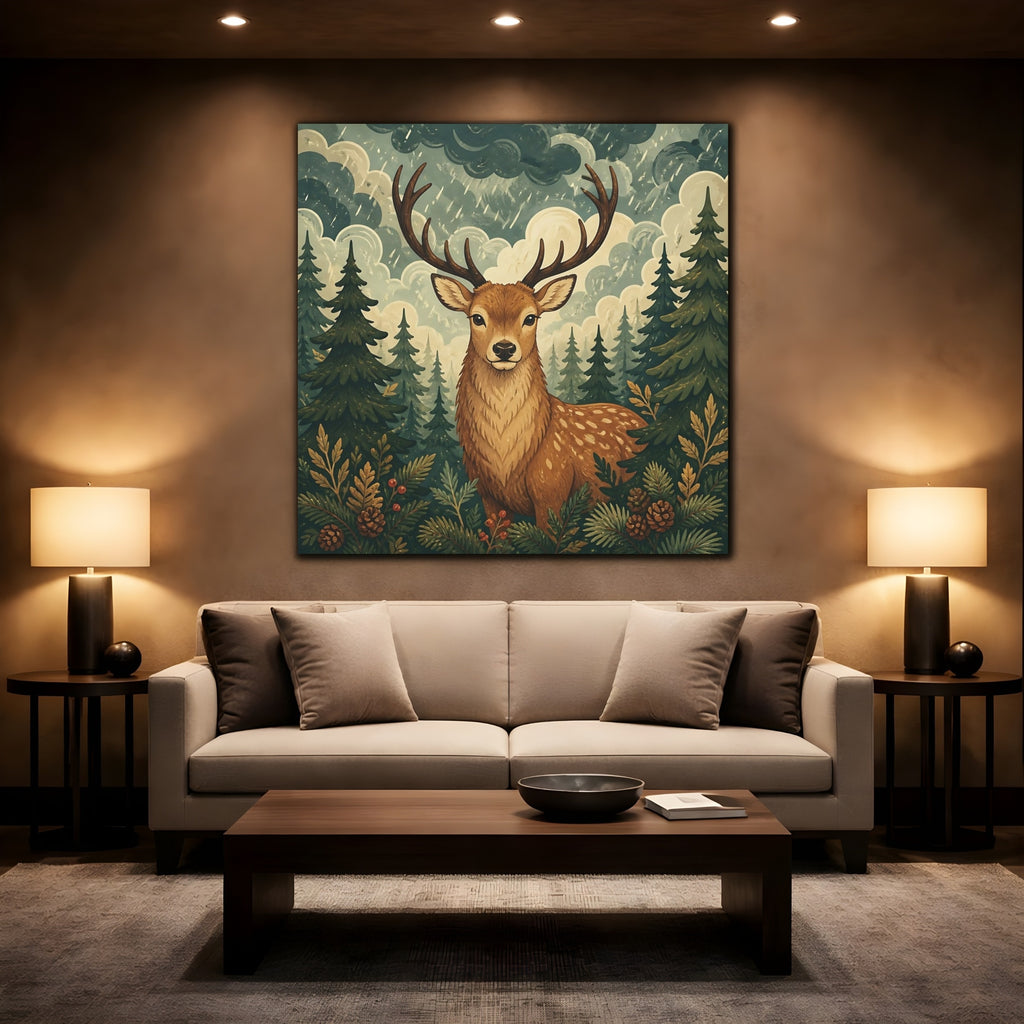 Mockup 2. Animals Deer Brown And Green shown as stretched canvas wall art