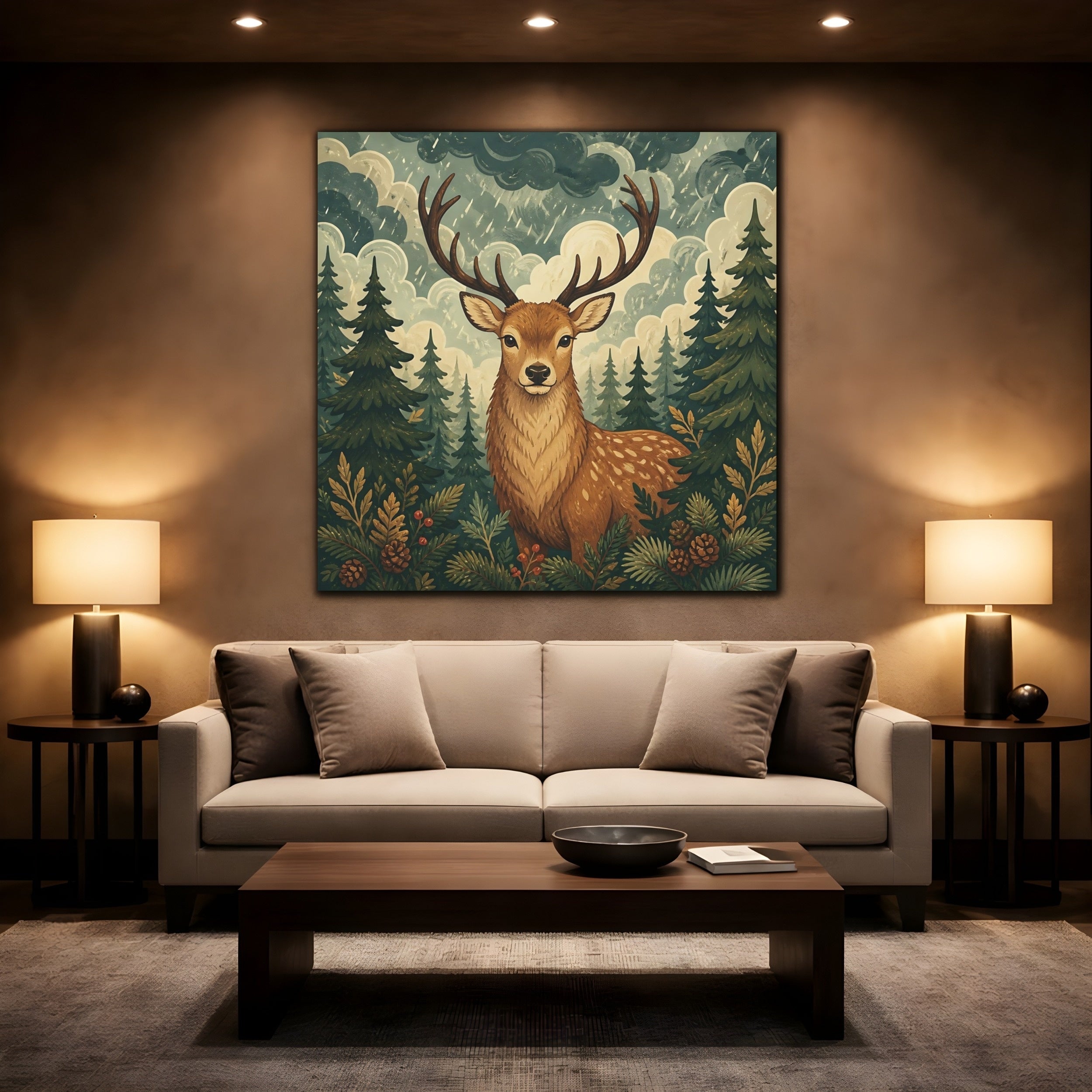 Mockup 2. Animals Deer Brown And Green shown as stretched canvas wall art