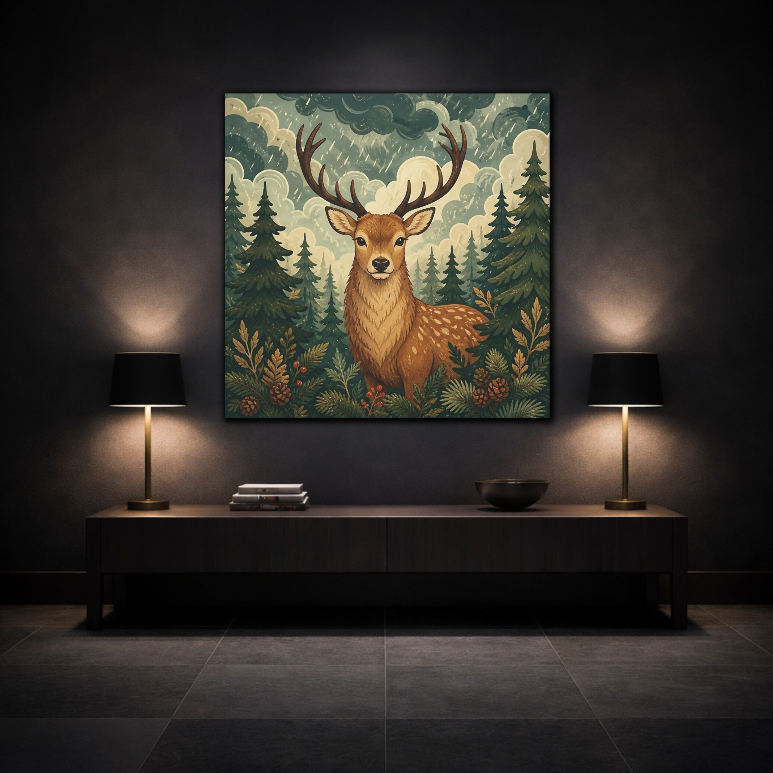 Mockup 3. Animals Deer Brown And Green shown as stretched canvas wall art