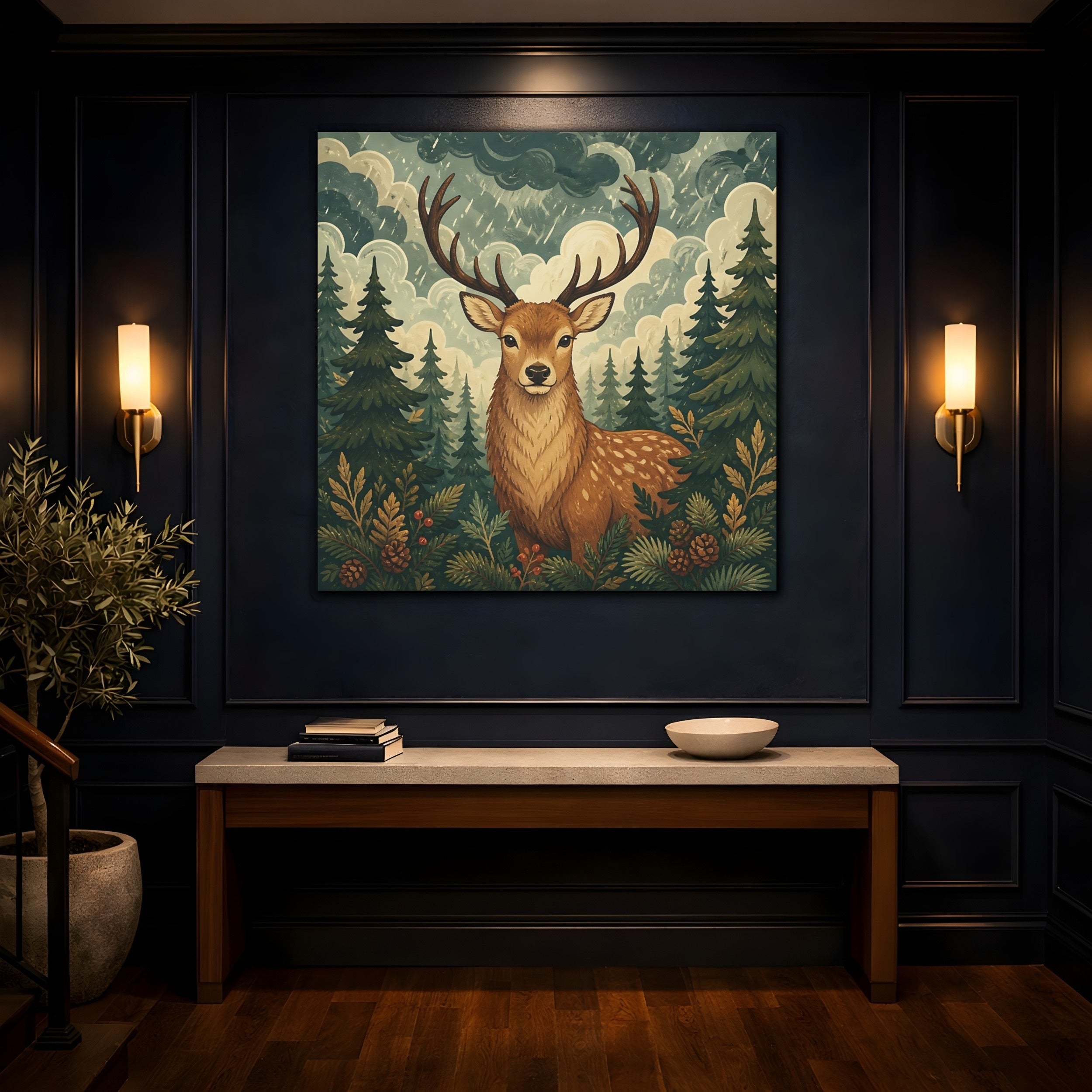 Mockup 4. Animals Deer Brown And Green shown as stretched canvas wall art