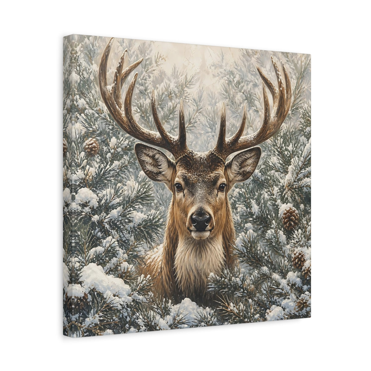 Side Mockup 6. Animals Deer Winter Deer shown as stretched canvas wall art