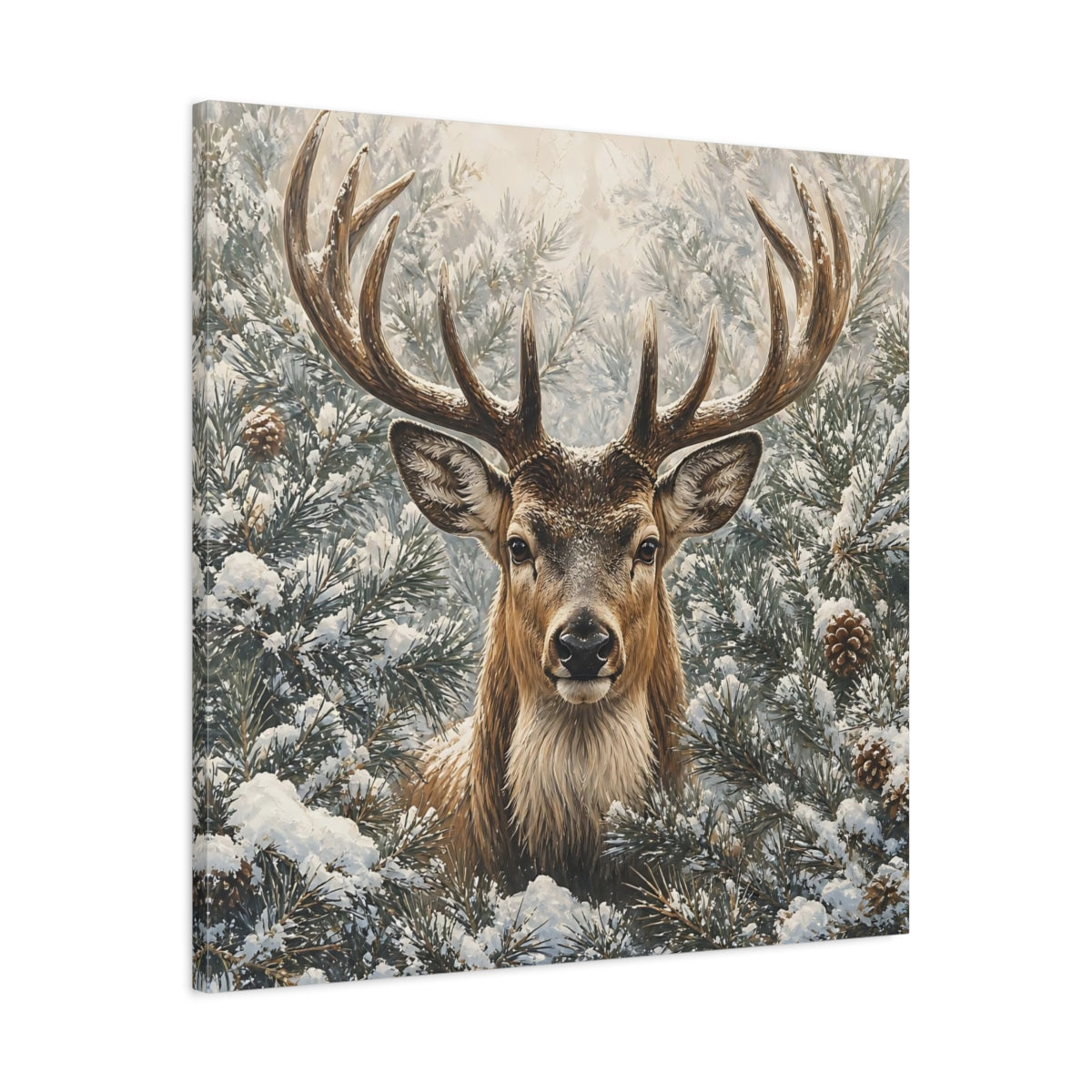 Side Mockup 3. Animals Deer Winter Deer shown as stretched canvas wall art