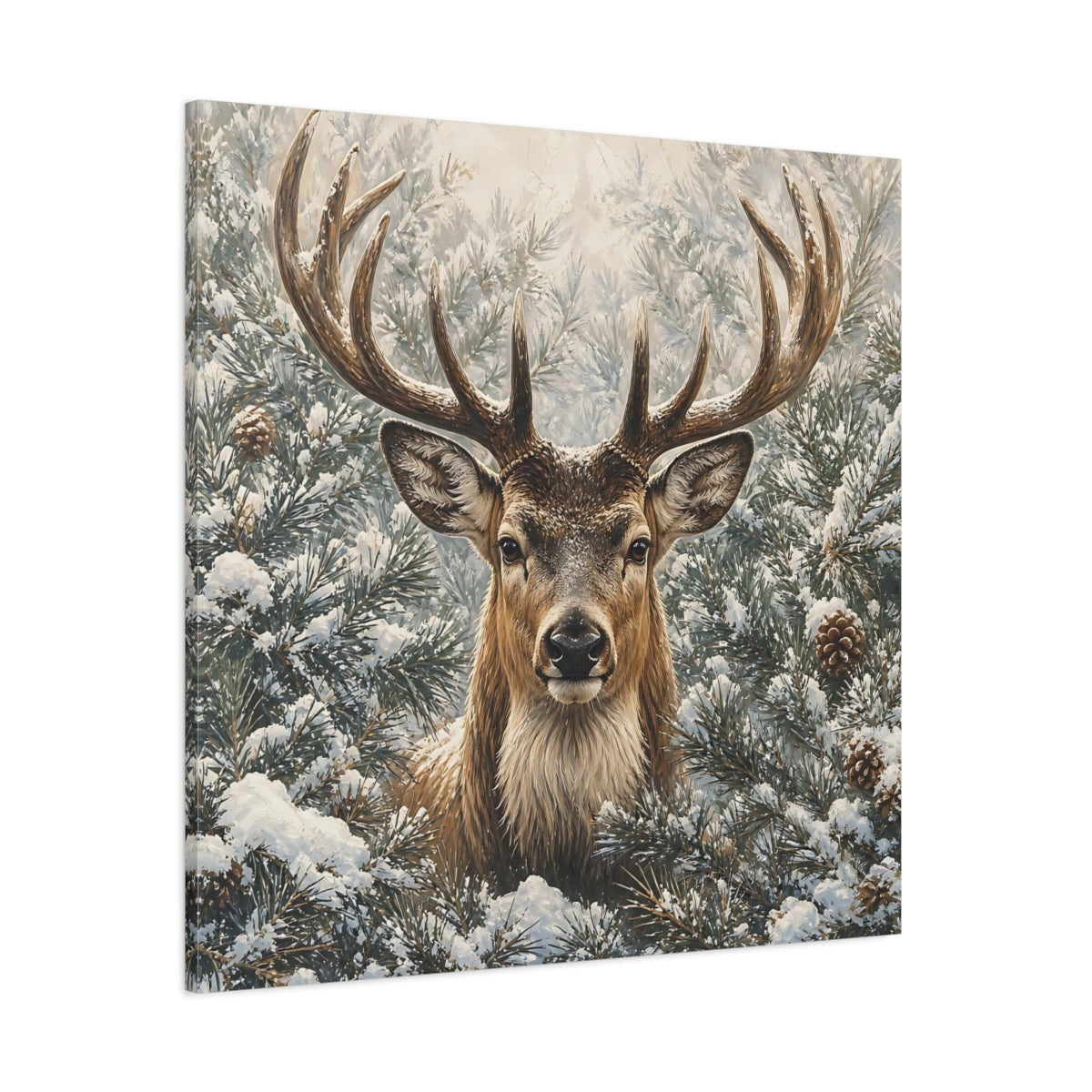 Side Mockup 1. Animals Deer Winter Deer shown as stretched canvas wall art