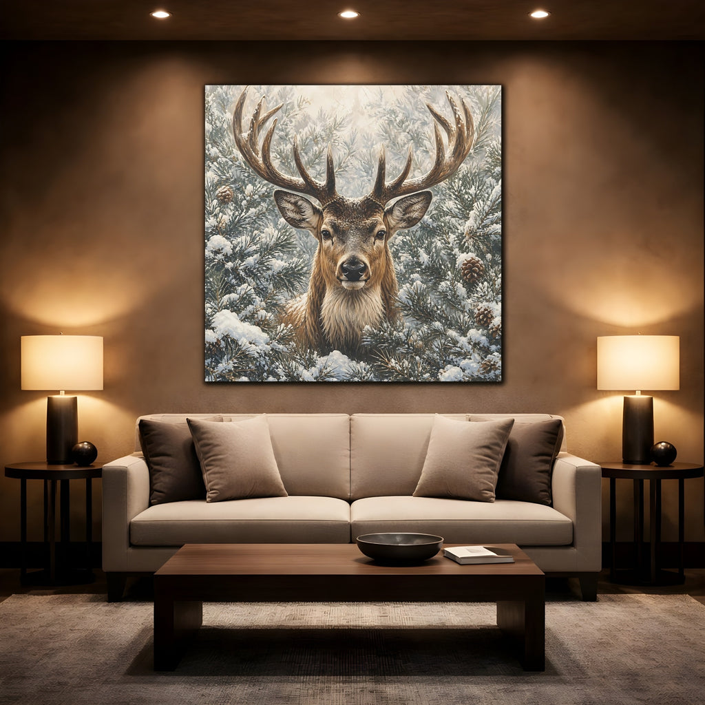 Mockup 2. Animals Deer Winter Deer shown as stretched canvas wall art