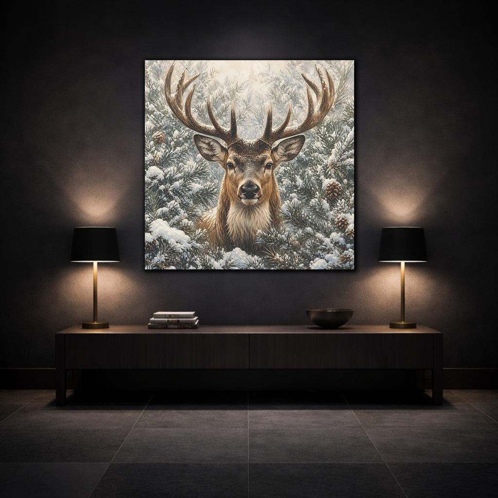 Mockup 3. Animals Deer Winter Deer shown as stretched canvas wall art