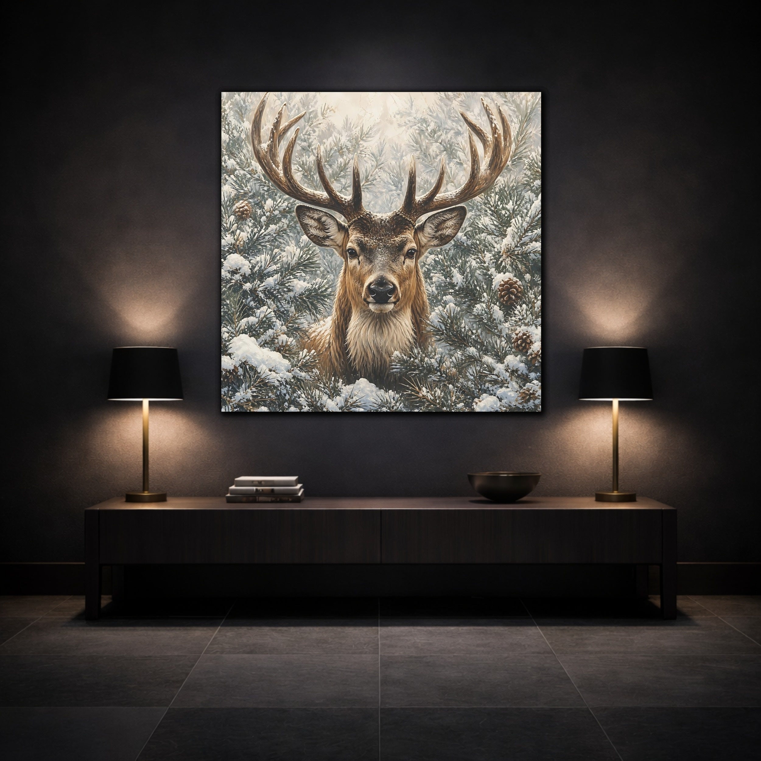 Mockup 3. Animals Deer Winter Deer shown as stretched canvas wall art