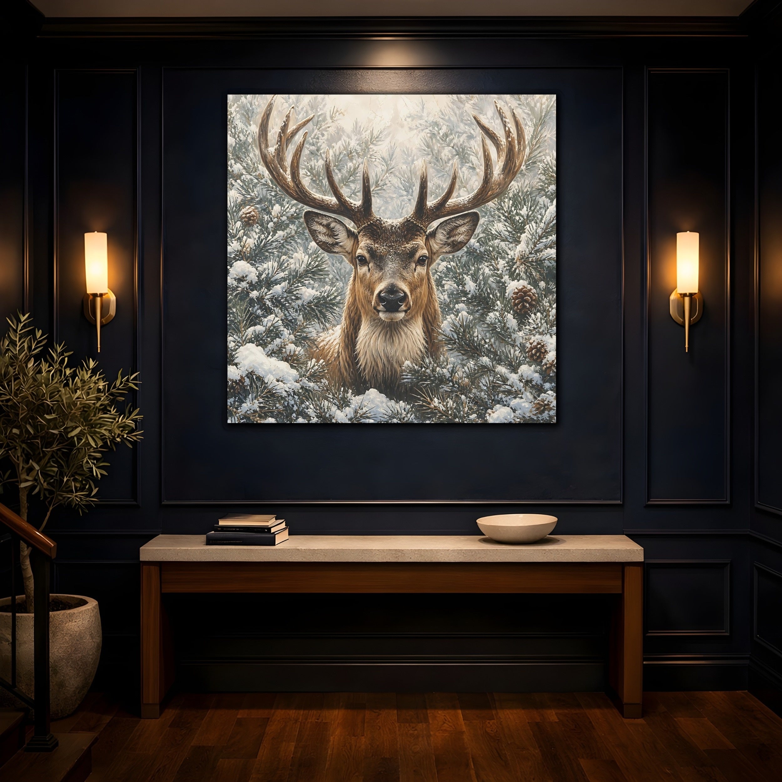 Mockup 4. Animals Deer Winter Deer shown as stretched canvas wall art