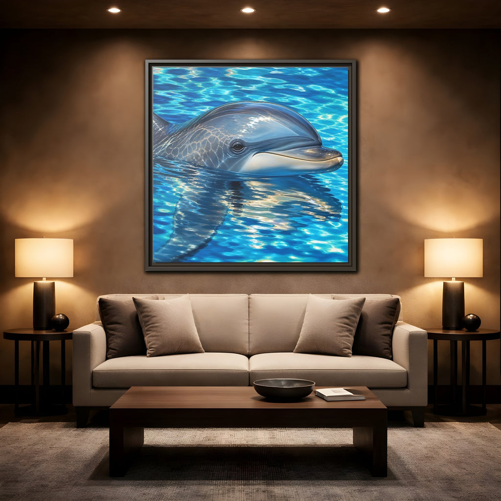 Mockup 2. Animals Dolphin Blue Dolphin shown as stretched canvas wall art