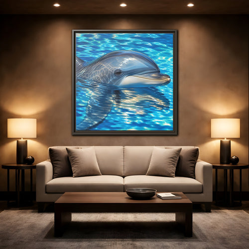 Mockup 2. Animals Dolphin Blue Dolphin shown as stretched canvas wall art