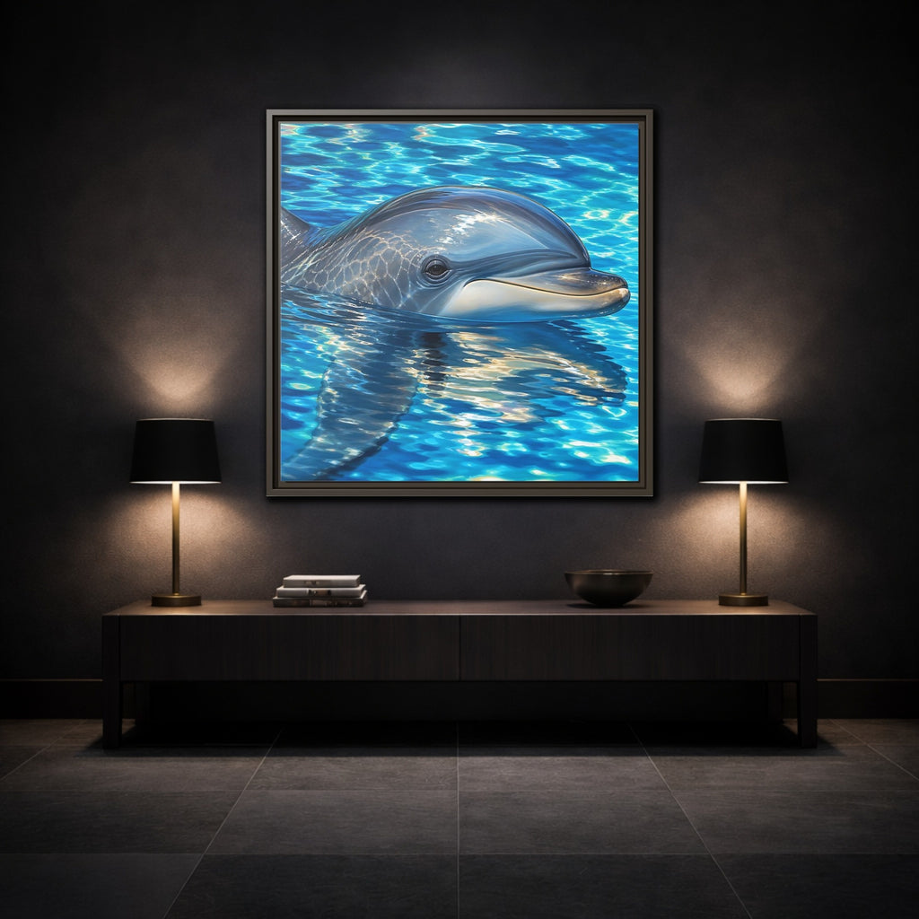Mockup 3. Animals Dolphin Blue Dolphin shown as stretched canvas wall art