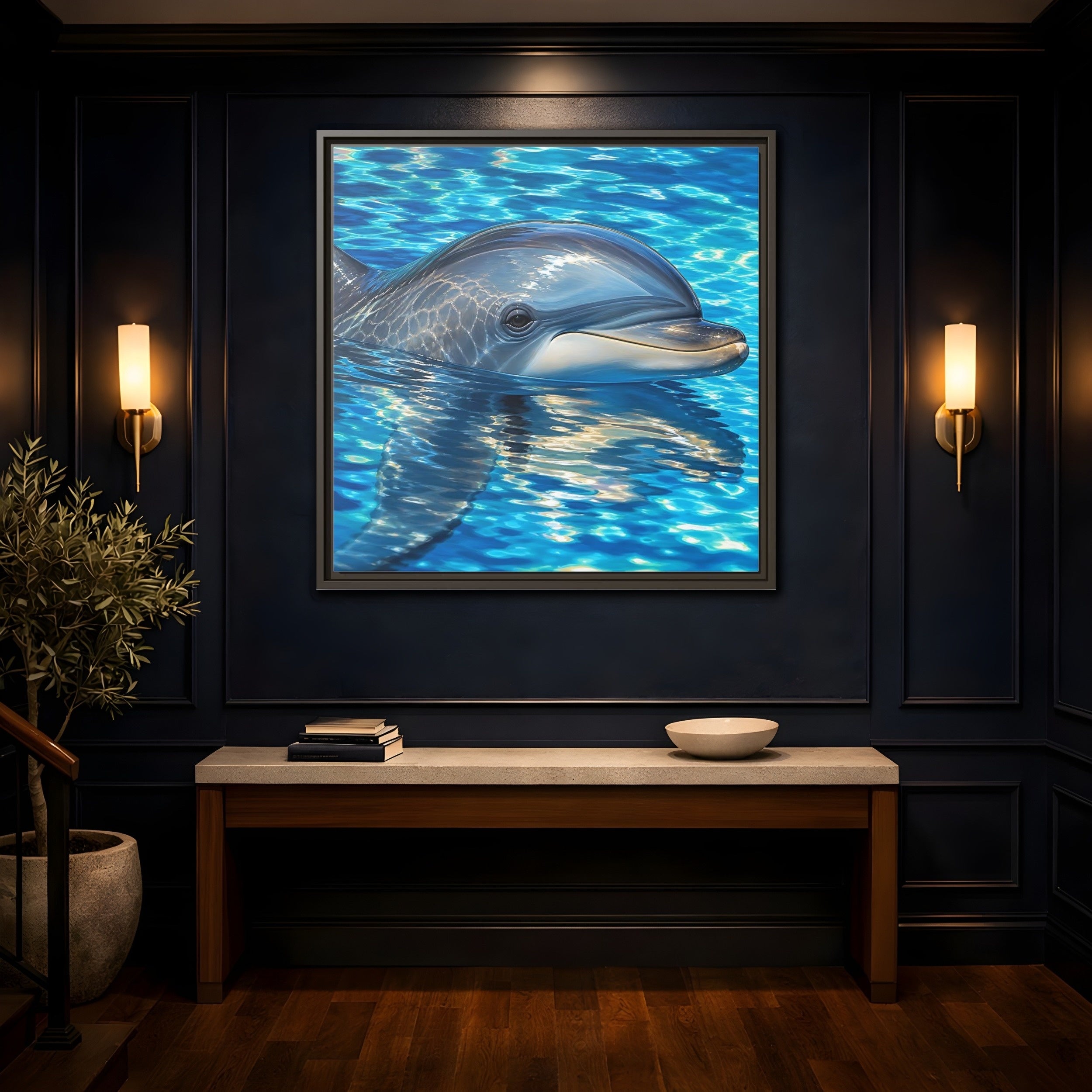 Mockup 4. Animals Dolphin Blue Dolphin shown as stretched canvas wall art