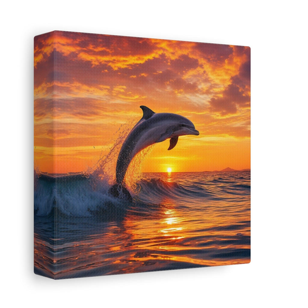 Side Mockup 2. Animals Dolphin Orange And Blue shown as stretched canvas wall art