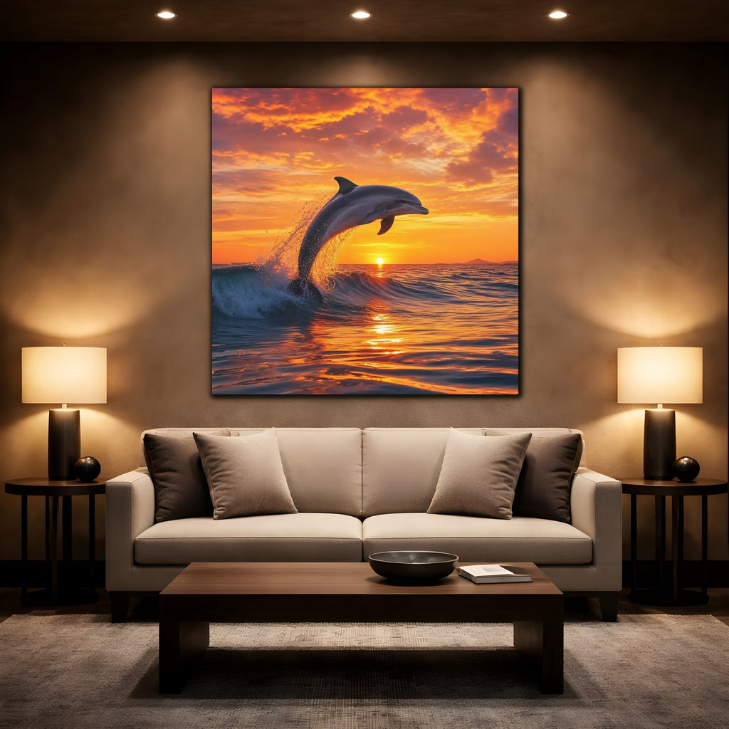 Mockup 2. Animals Dolphin Orange And Blue shown as stretched canvas wall art